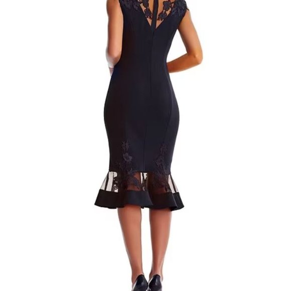 Aidan Mattox Sleeveless, Stretch Flounce Hem, Floral Mesh Insert Sheath Dress - Picture 2 of 15